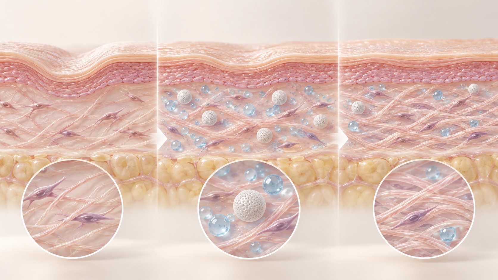 Illustration explaining how PDLLA and hyaluronic acid are discussed to work in skin tissue